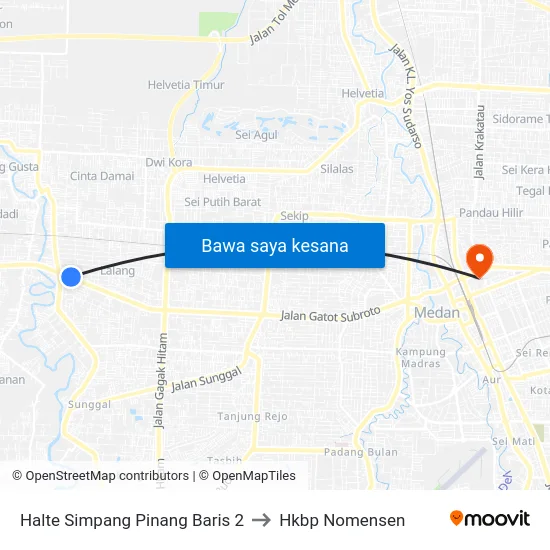 Halte Simpang Pinang Baris 2 to Hkbp Nomensen map