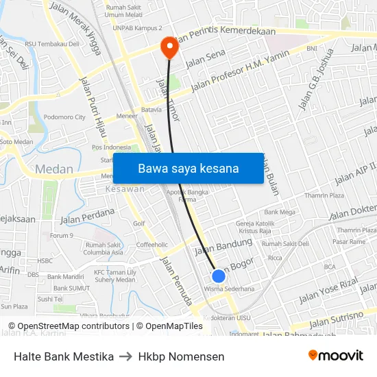 Halte Bank Mestika to Hkbp Nomensen map