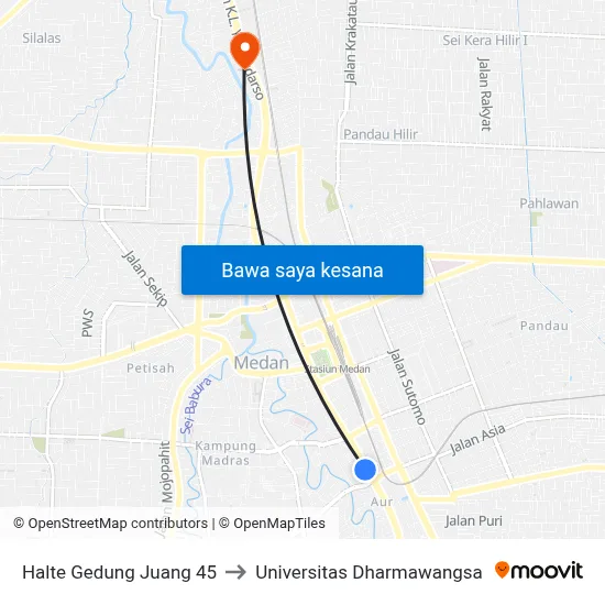 Halte Gedung Juang 45 to Universitas Dharmawangsa map