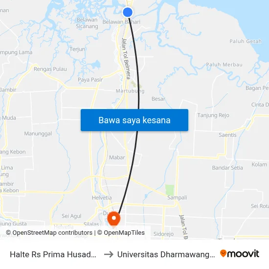 Halte Rs Prima Husada 2 to Universitas Dharmawangsa map