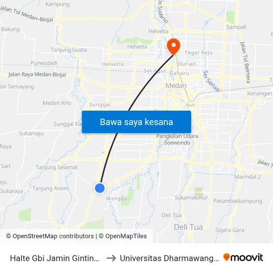 Halte Gbi Jamin Ginting 2 to Universitas Dharmawangsa map