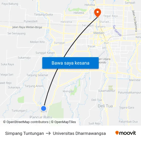 Simpang Tuntungan to Universitas Dharmawangsa map