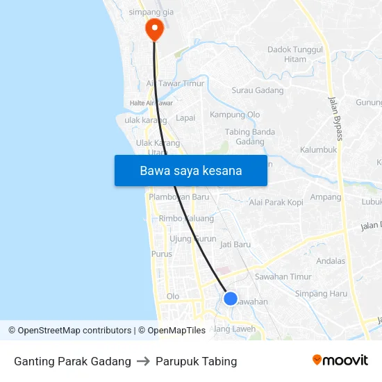 Ganting Parak Gadang to Parupuk Tabing map