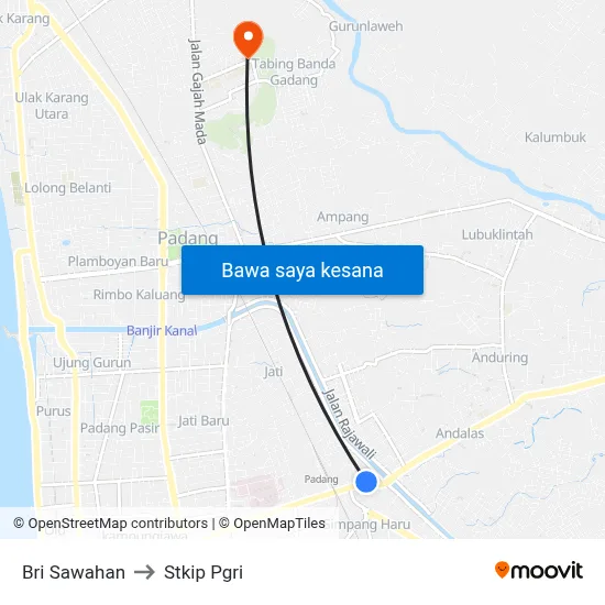 Bri Sawahan to Stkip Pgri map