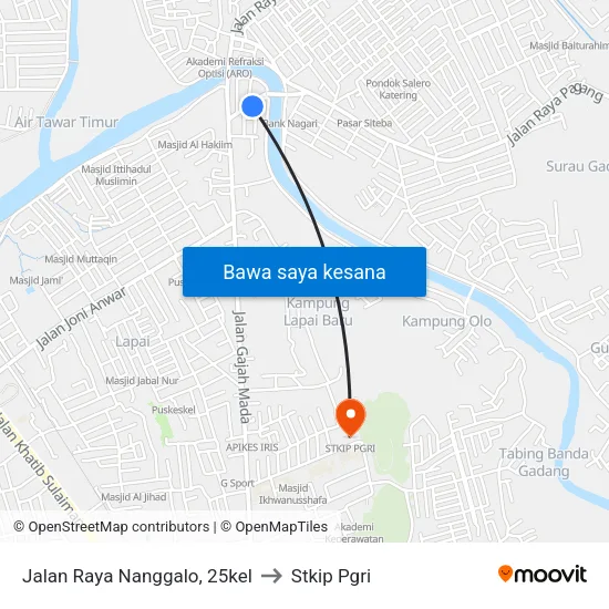 Jalan Raya Nanggalo, 25kel to Stkip Pgri map