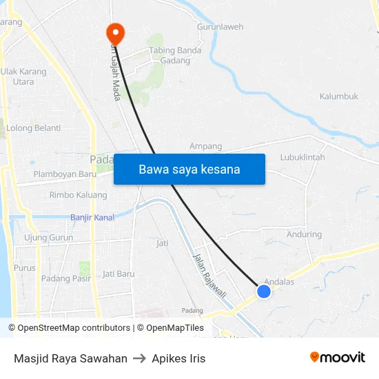 Masjid Raya Sawahan to Apikes Iris map