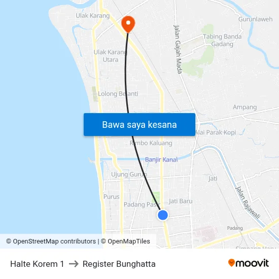 Halte Korem 1 to Register Bunghatta map