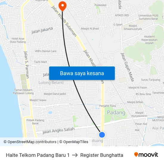 Halte Telkom Padang Baru 1 to Register Bunghatta map