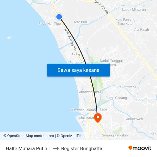 Halte Mutiara Putih 1 to Register Bunghatta map