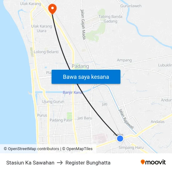 Stasiun Ka Sawahan to Register Bunghatta map