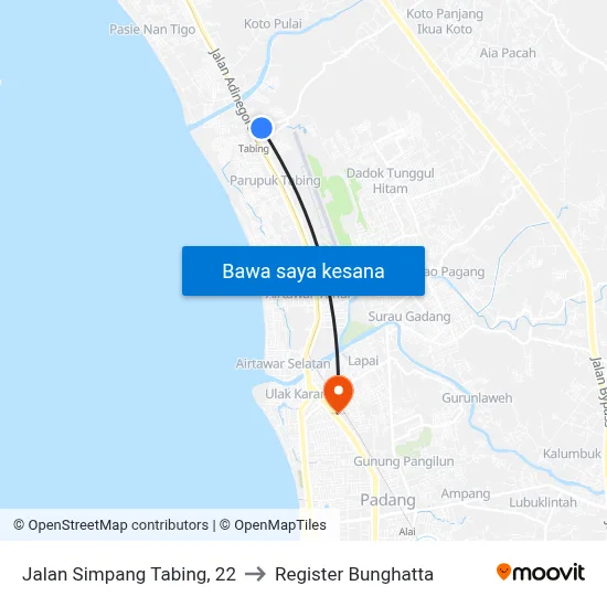Jalan Simpang Tabing, 22 to Register Bunghatta map