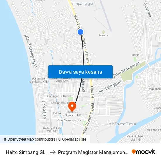 Halte Simpang Gia 1 to Program Magister Manajemen Unp map