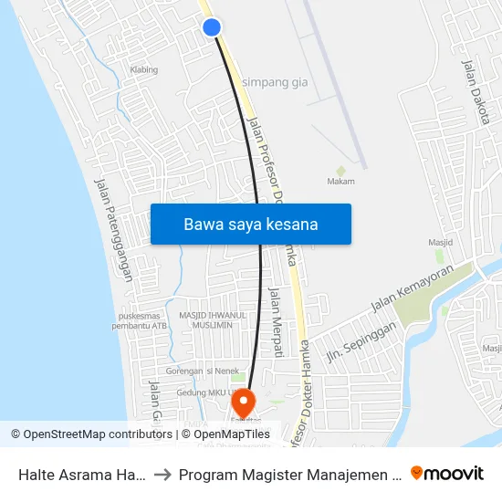 Halte Asrama Haji 1 to Program Magister Manajemen Unp map