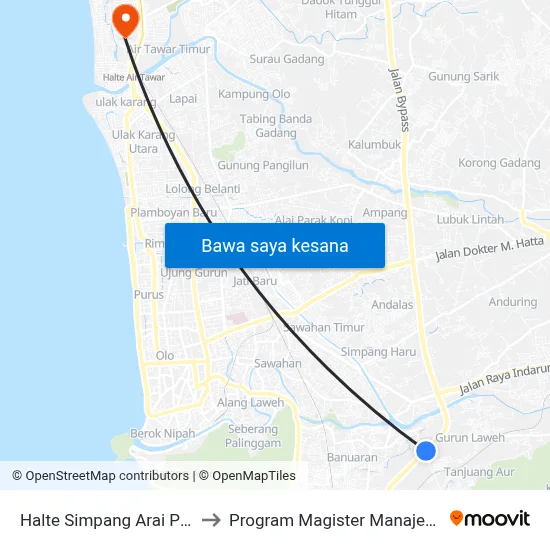 Halte Simpang Arai Pinang II to Program Magister Manajemen Unp map