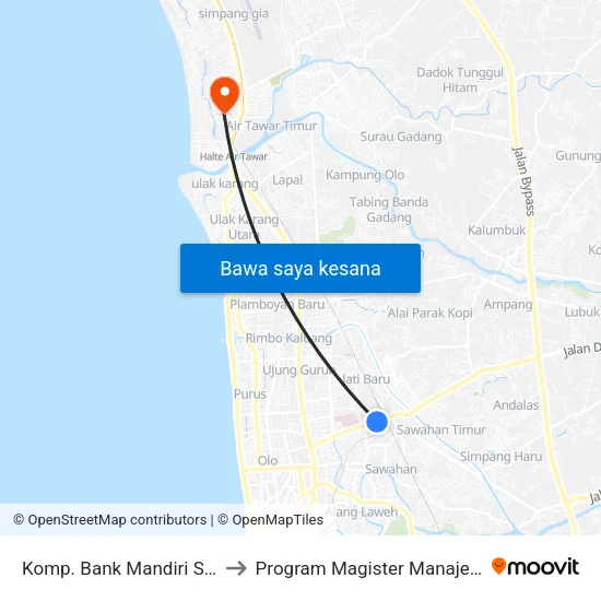 Komp. Bank Mandiri Sawahan to Program Magister Manajemen Unp map