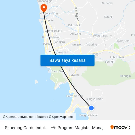 Seberang Gardu Induk Bungus to Program Magister Manajemen Unp map