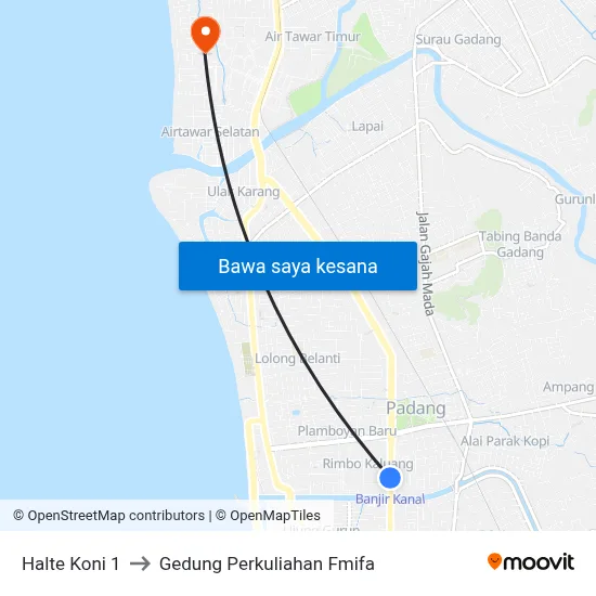 Halte Koni 1 to Gedung Perkuliahan Fmifa map