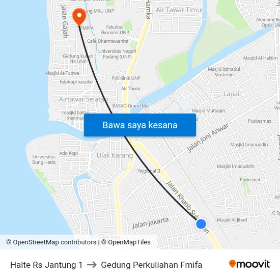 Halte Rs Jantung 1 to Gedung Perkuliahan Fmifa map
