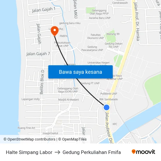 Halte Simpang Labor to Gedung Perkuliahan Fmifa map