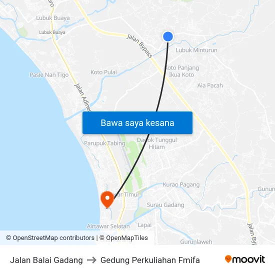 Jalan Balai Gadang to Gedung Perkuliahan Fmifa map