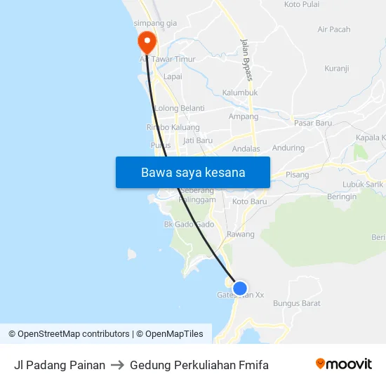Jl Padang Painan to Gedung Perkuliahan Fmifa map