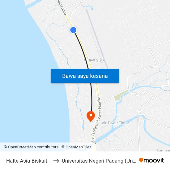 Halte Asia Biskuit 1 to Universitas Negeri Padang (Unp) map