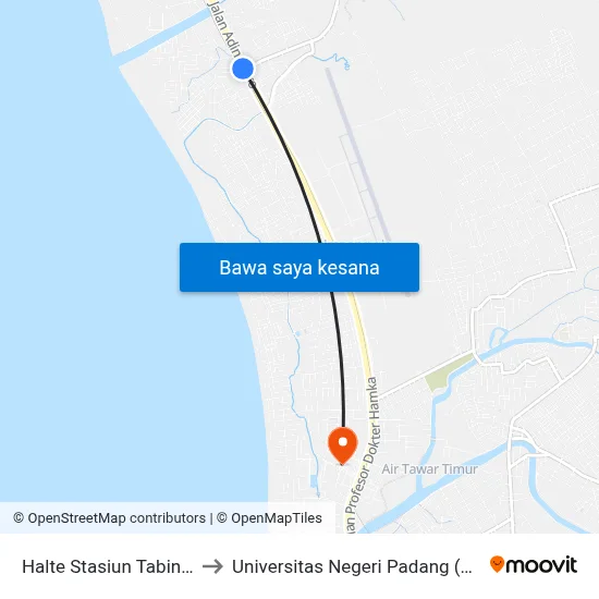 Halte Stasiun Tabing 1 to Universitas Negeri Padang (Unp) map