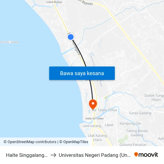 Halte Singgalang 1 to Universitas Negeri Padang (Unp) map