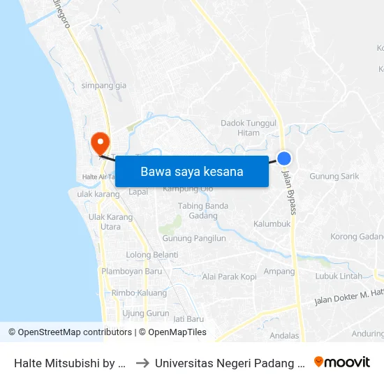 Halte Mitsubishi by Pass to Universitas Negeri Padang (Unp) map