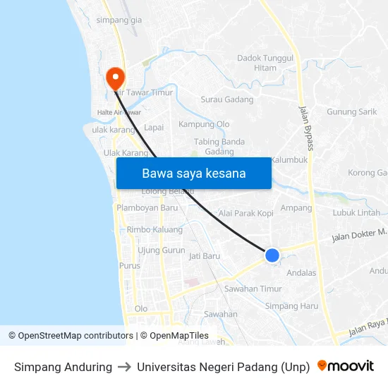 Simpang Anduring to Universitas Negeri Padang (Unp) map