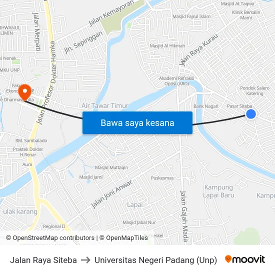 Jalan Raya Siteba to Universitas Negeri Padang (Unp) map