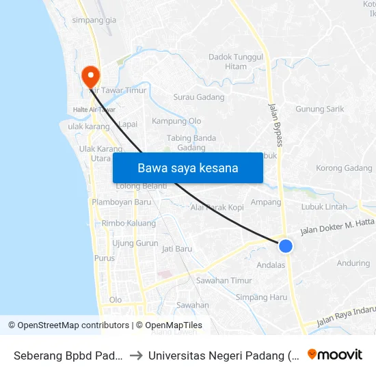 Seberang Bpbd Padang to Universitas Negeri Padang (Unp) map