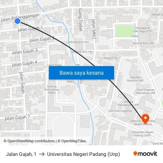 Jalan Gajah, 1 to Universitas Negeri Padang (Unp) map