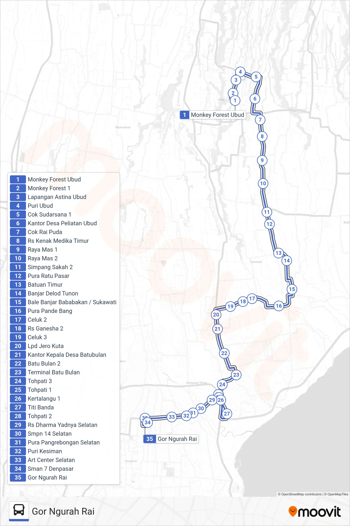 KOR. 4B bus Line (Gor Ngurah Rai) route and stops on a map