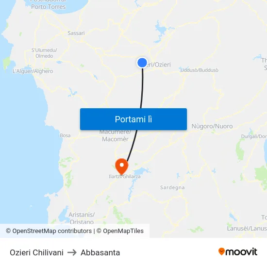 Ozieri Chilivani to Abbasanta map