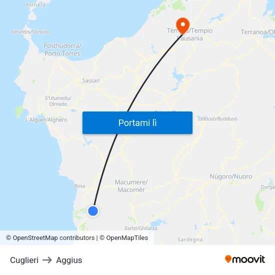 Cuglieri to Aggius map