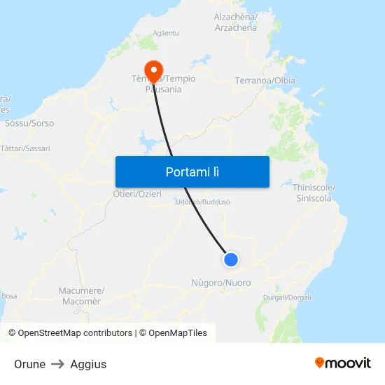 Orune to Aggius map