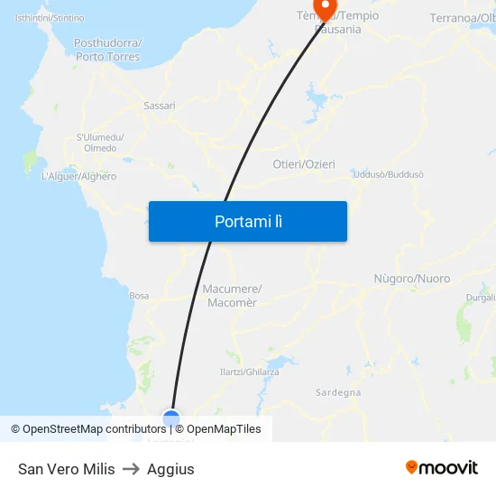 San Vero Milis to Aggius map
