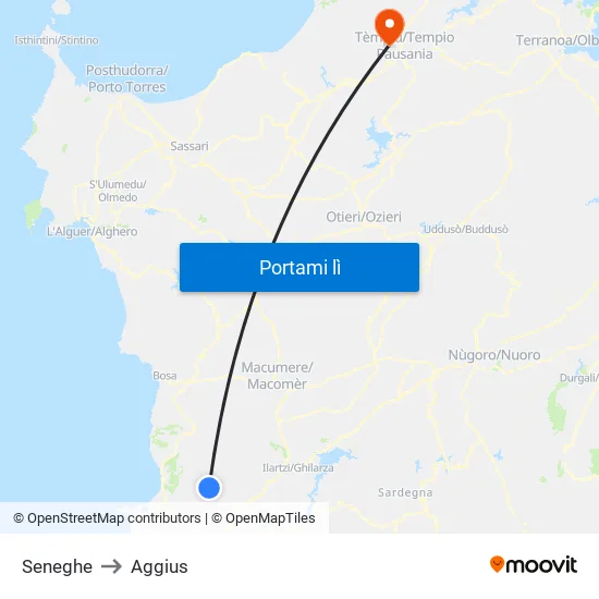 Seneghe to Aggius map