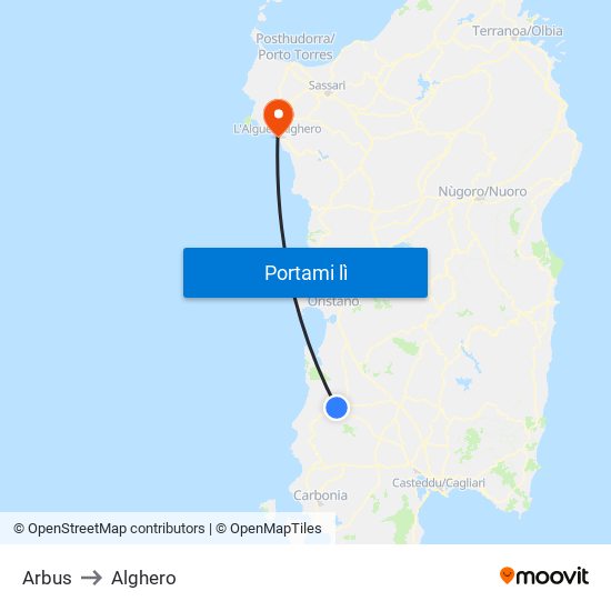 Arbus to Alghero map