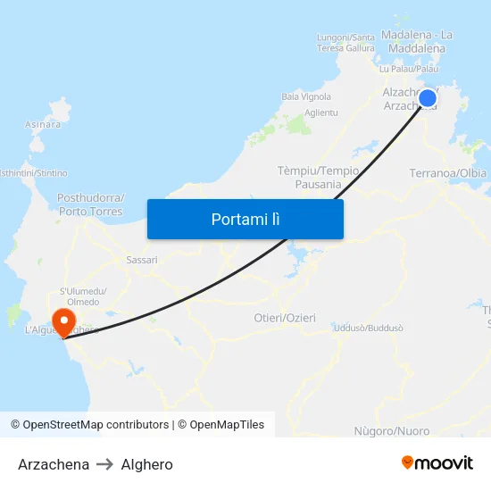 Arzachena to Alghero map