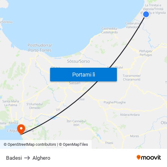 Badesi to Alghero map