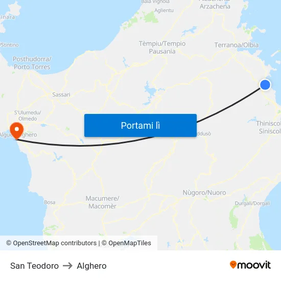San Teodoro to Alghero map