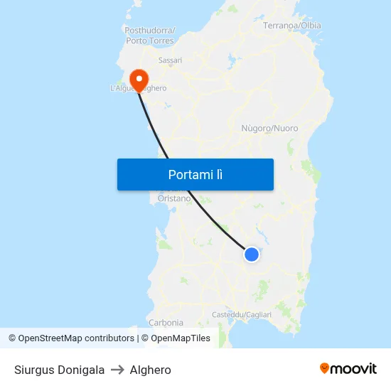 Siurgus Donigala to Alghero map