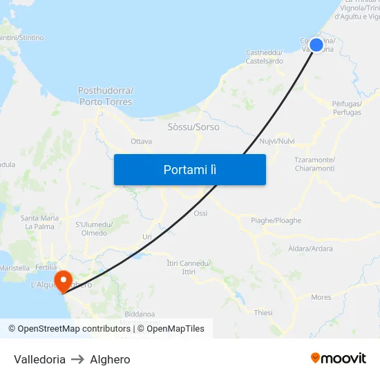 Valledoria to Alghero map