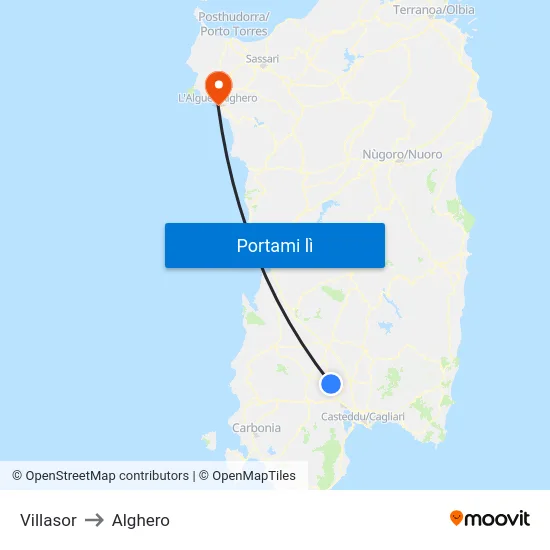 Villasor to Alghero map