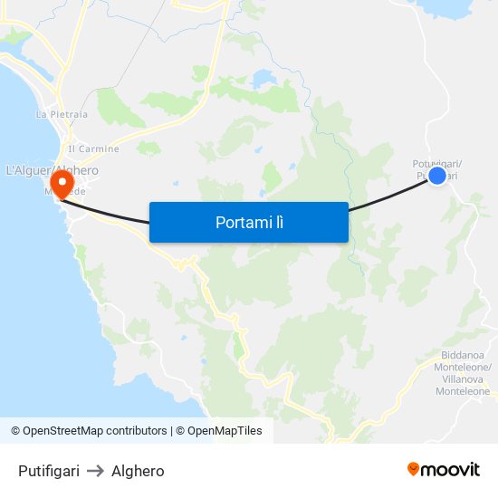 Putifigari to Alghero map