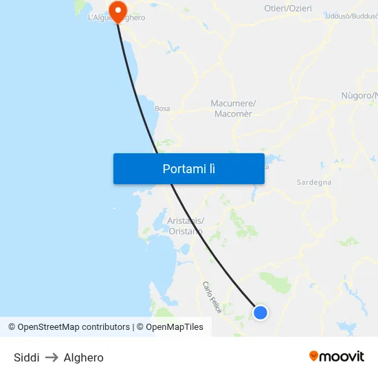 Siddi to Alghero map