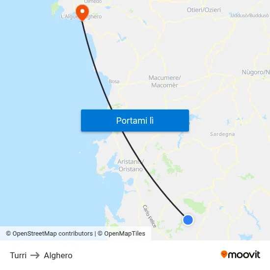 Turri to Alghero map