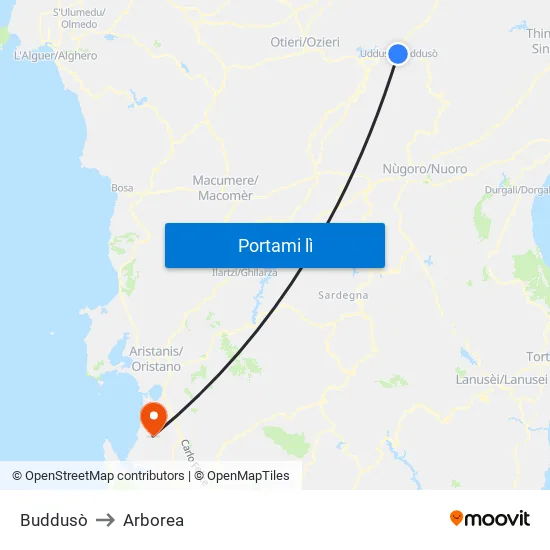 Buddusò to Arborea map